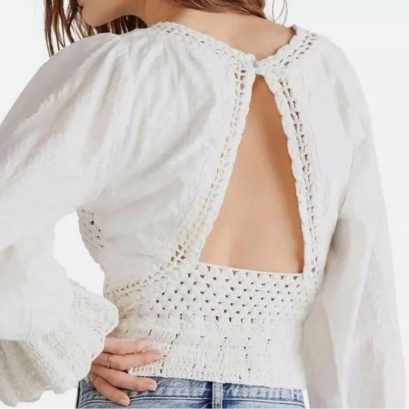 NWT, Free People Megan Ivory Crochet Long Sleeve Bohemian Crop Top, Size X-Small - Picture 8 of 13